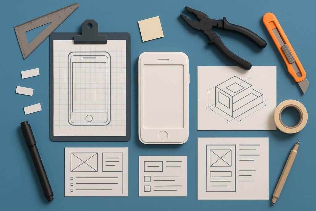 Wireframe sketches and digital prototypes illustrating key steps in the product design process