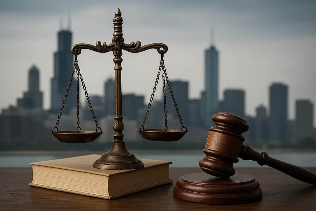 Chicago attorney reviewing wrongful death case files in office, legal books in background