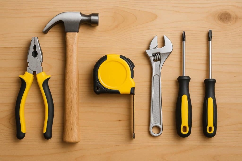 Assorted beginner DIY tools including hammer, screwdriver, measuring tape, pliers, and wrench