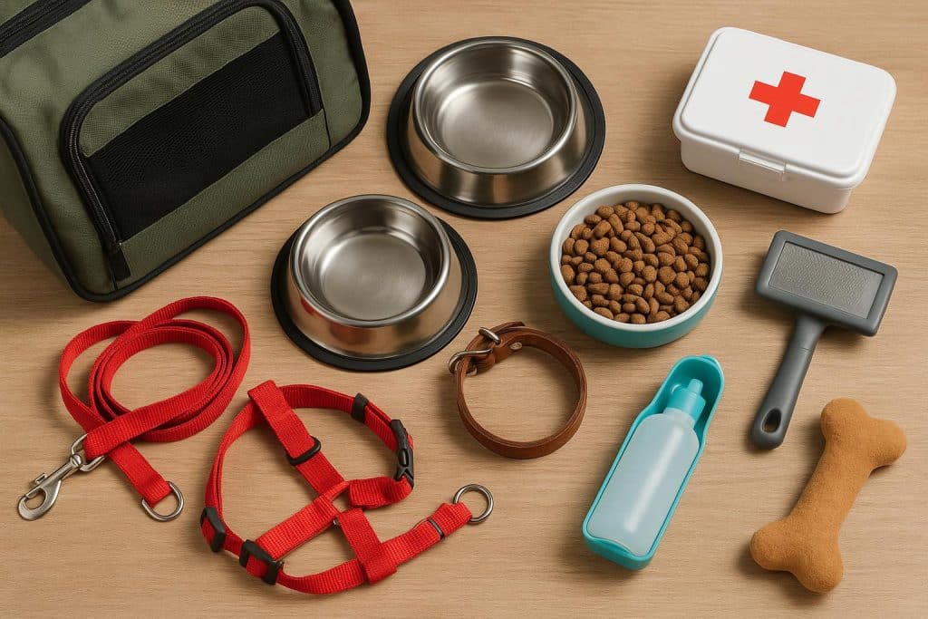Dog sitting next to an open suitcase with pet travel essentials and vet-approved supplies packed