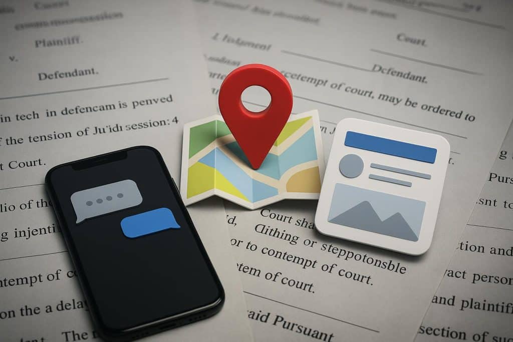Smartphone displaying text messages, location map, and social media icons as digital court evidence