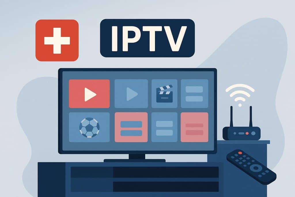 Modern Swiss IPTV interface with streaming apps and devices showcasing enhanced TV experience