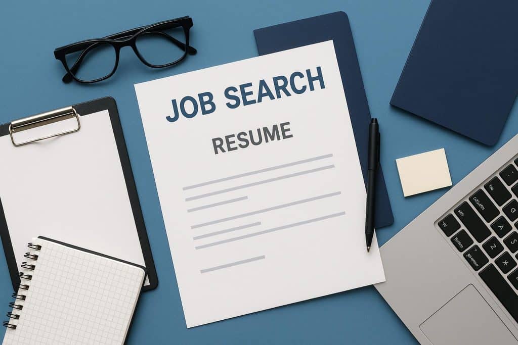 Modern workspace with laptop, resume, and job offer letter, symbolizing successful job search