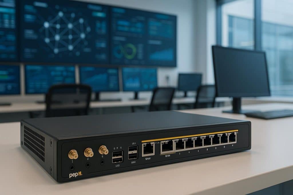 Peplink router setup in modern office showcasing business networking solutions and connectivity