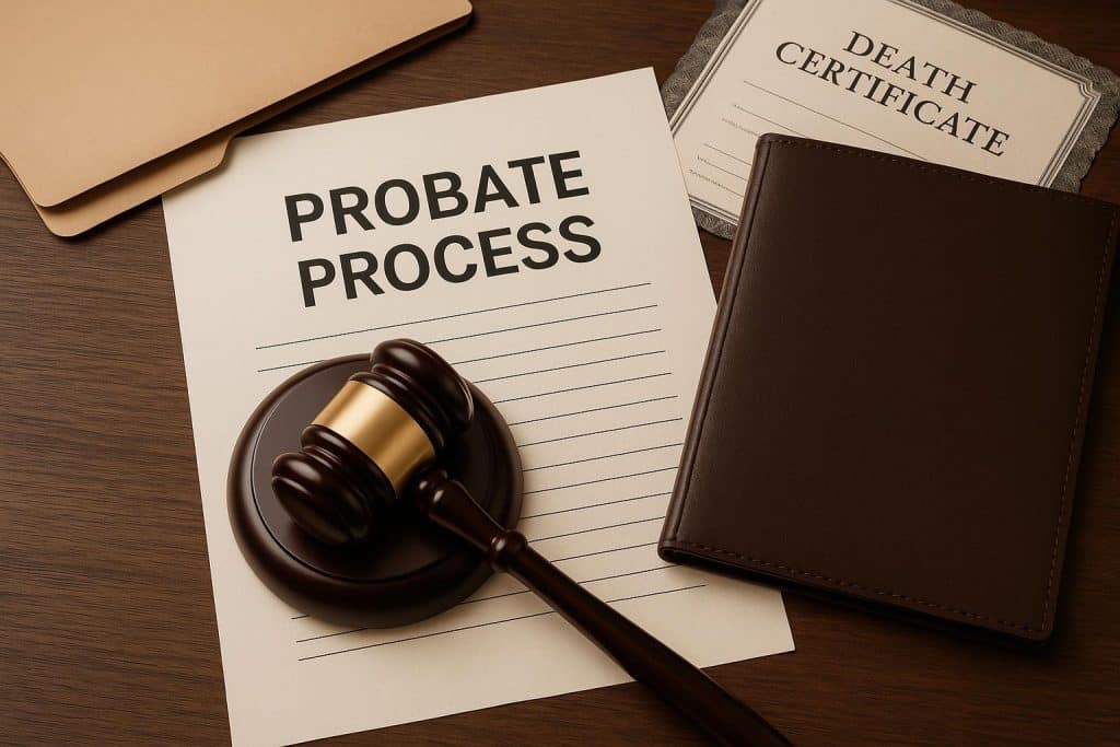 Wooden gavel, legal documents, and house keys symbolizing the probate process after a death