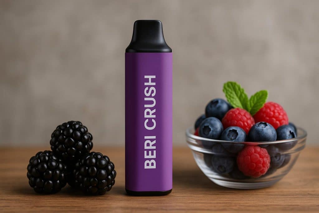 Beri Crush vape device with vibrant packaging on a table, highlighting product features