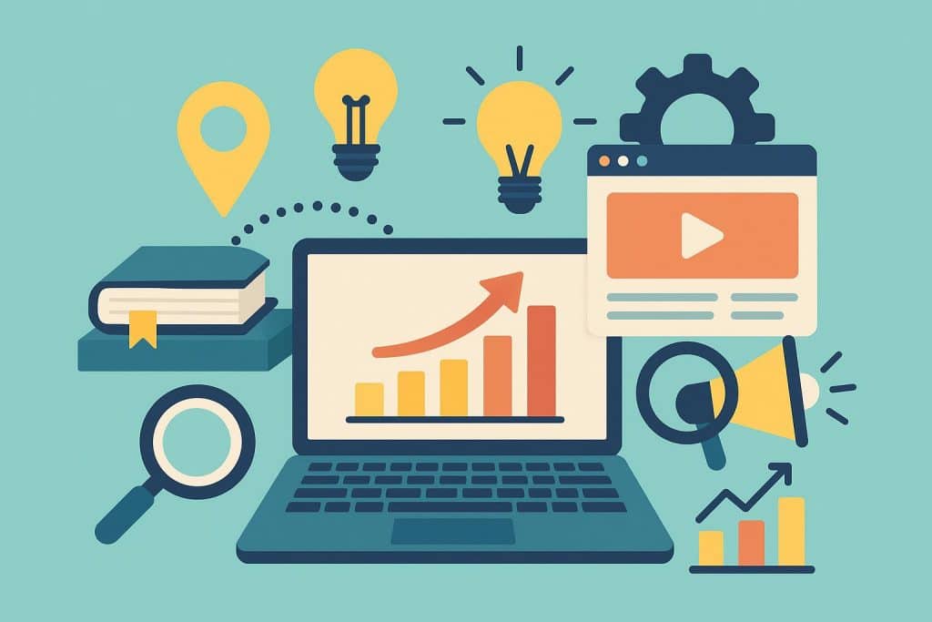 Digital marketing classroom with students and instructor teaching online marketing strategies