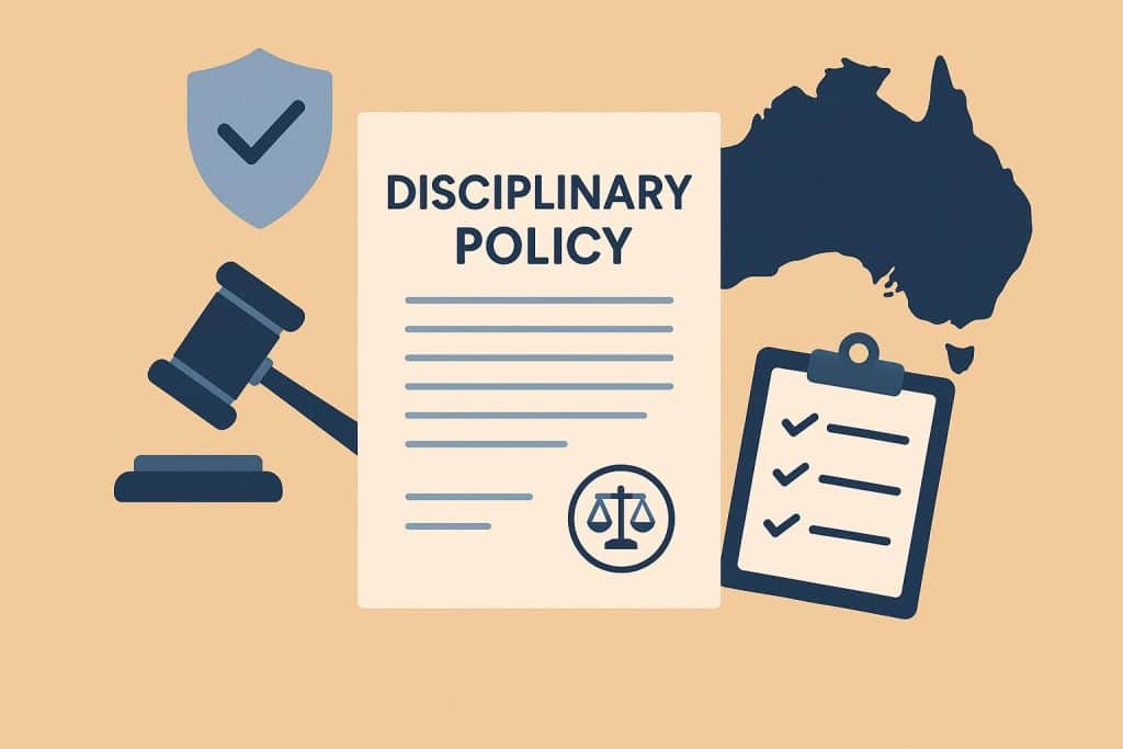 Australian workplace documents outlining disciplinary policy and legal compliance procedures