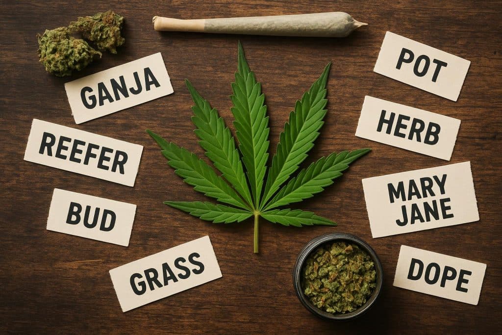 Various marijuana strains and rolled joints displayed to illustrate cannabis street names diversity
