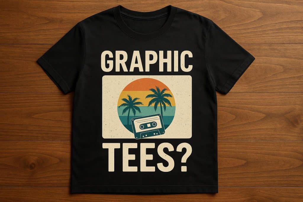 Colorful vintage graphic tee displayed on hanger, highlighting timeless fashion style