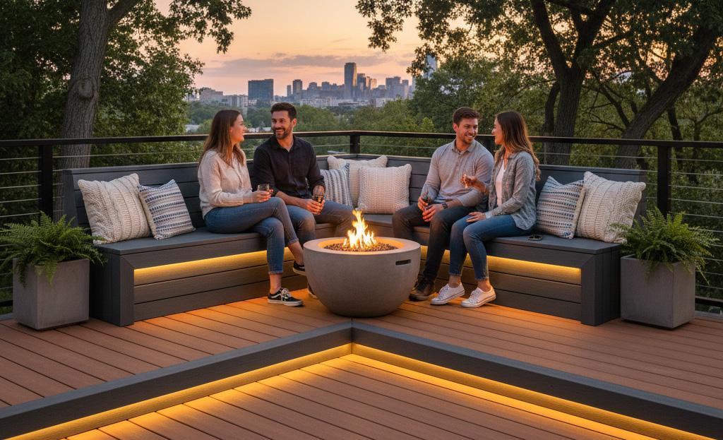 A group of people sitting on a deck with a fire pitAI-generated content may be incorrect.