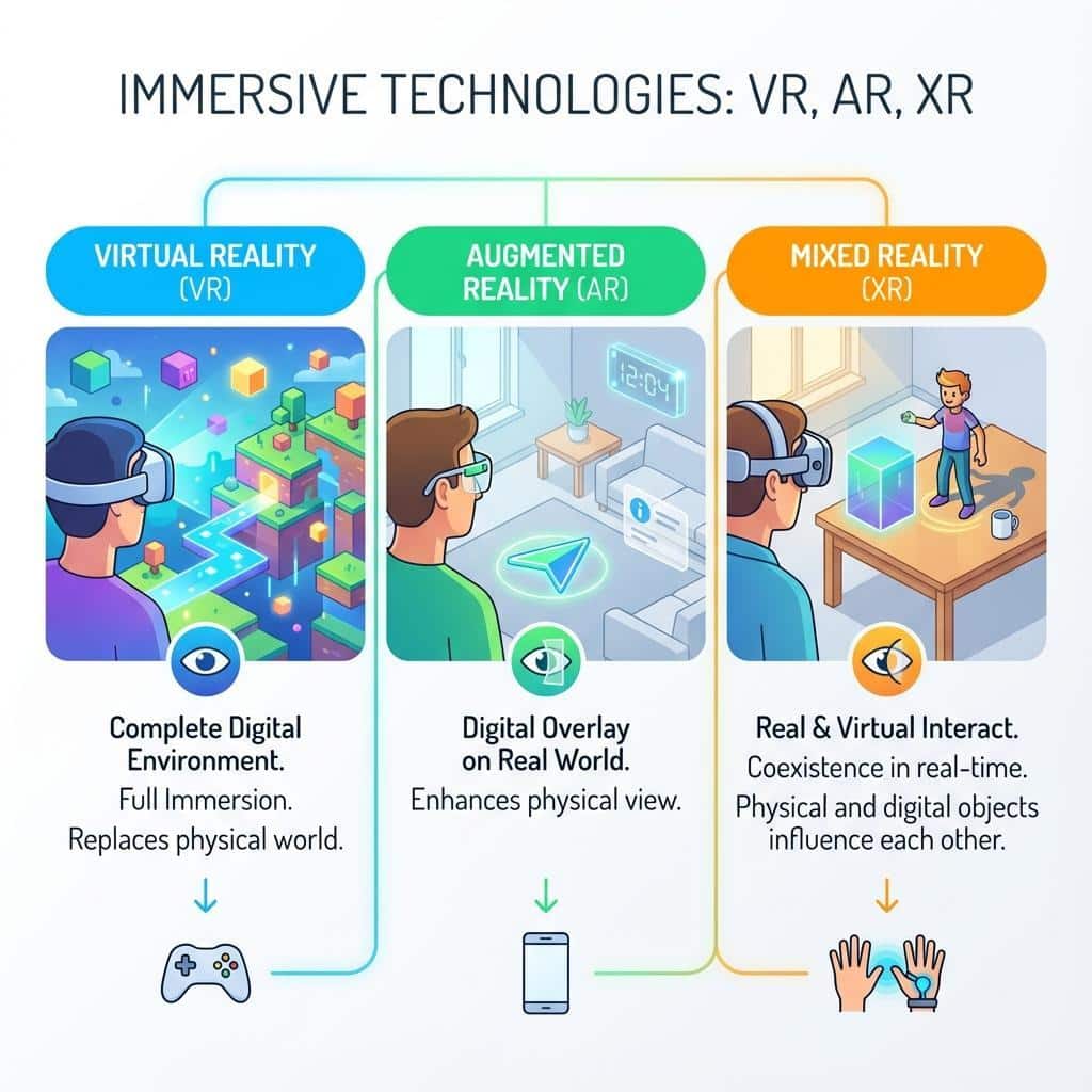 infographic explaining the differences between Virtual Reality (VR), Augmented Reality (AR), and Mixed Reality (XR) - best vr headset for roblox infographic 
