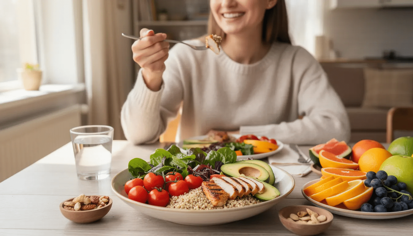 A person is seated at a dining table, savoring a vibrant and healthy meal that includes a variety of colorful vegetables and proteins, reflecting mindful eating habits. This scene promotes a healthy lifestyle, which can be complemented by using the best intermittent fasting apps to track progress and maintain a balanced diet.