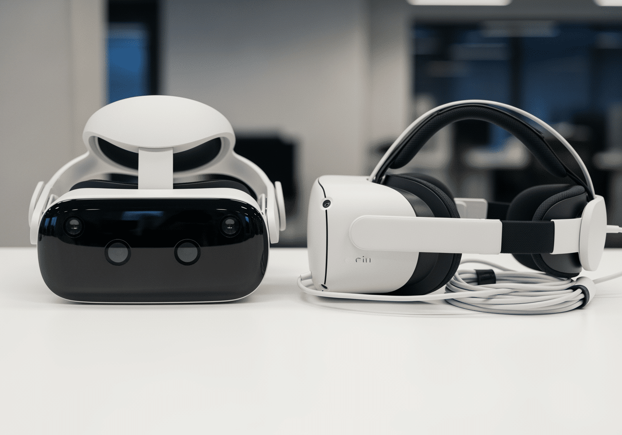 A wireless standalone headset and a PC-tethered headset side-by-side - best vr headset for roblox