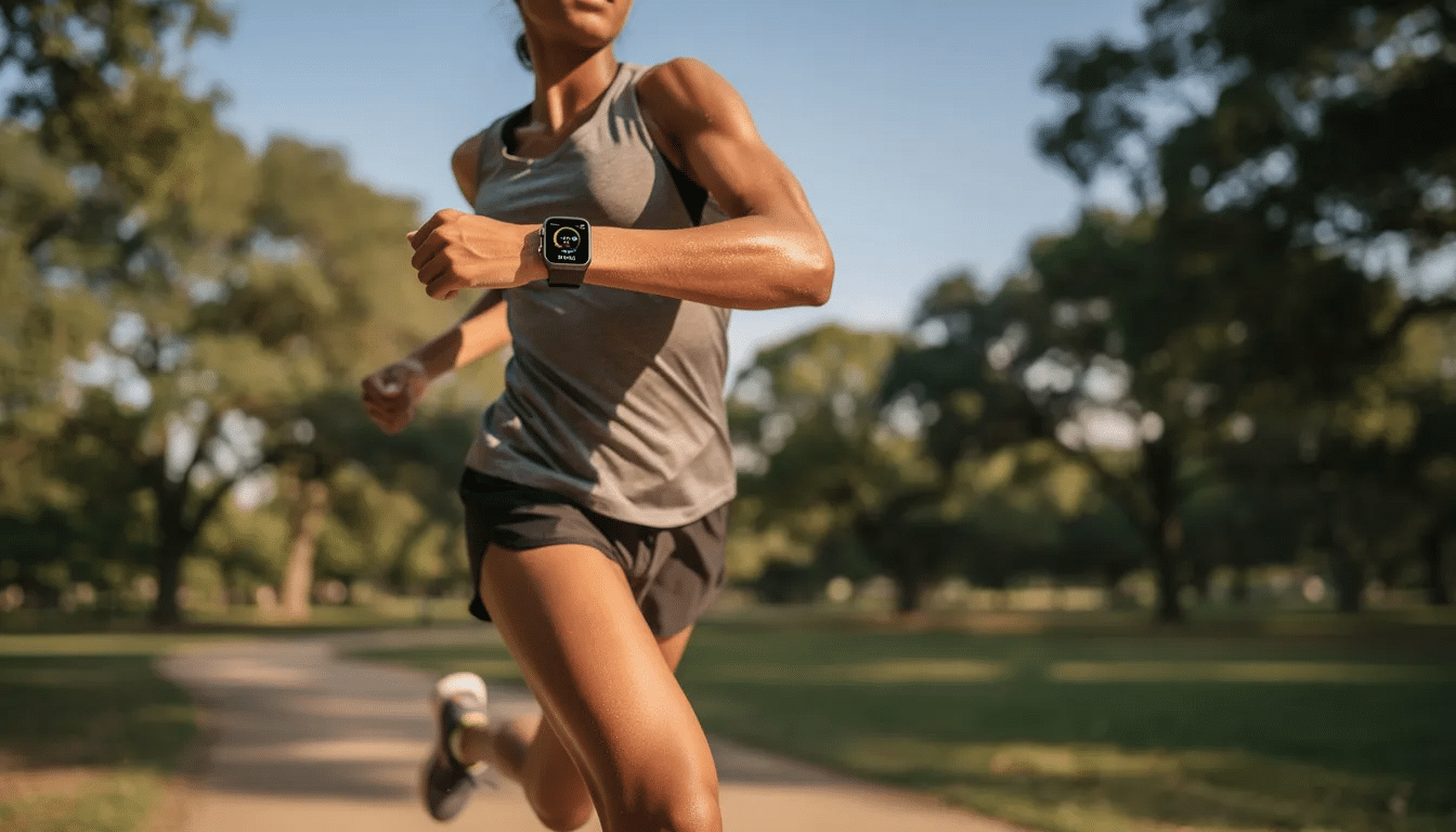 A person is jogging outdoors while wearing a smartwatch, which displays various fitness metrics. This scene emphasizes the integration of technology in maintaining healthy habits and tracking progress on a weight loss journey.