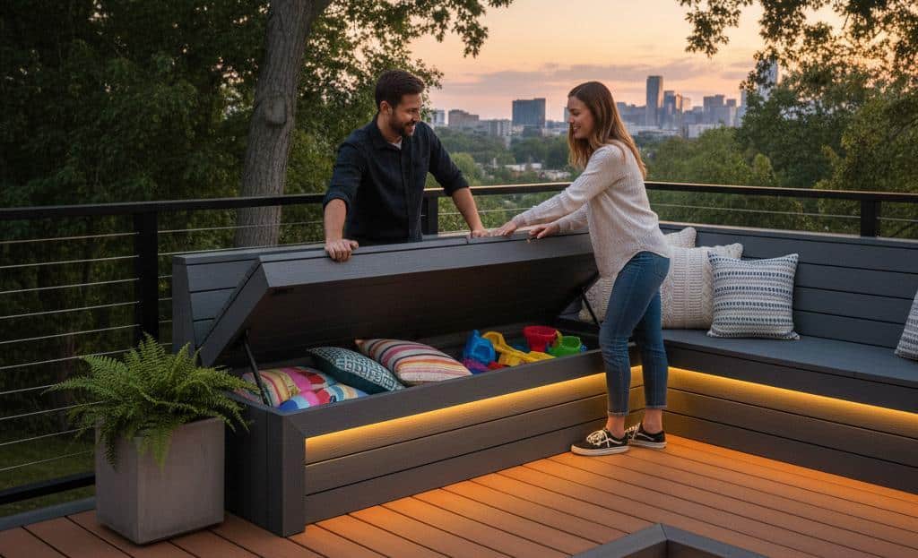 A person and person standing on a deck with a benchAI-generated content may be incorrect.