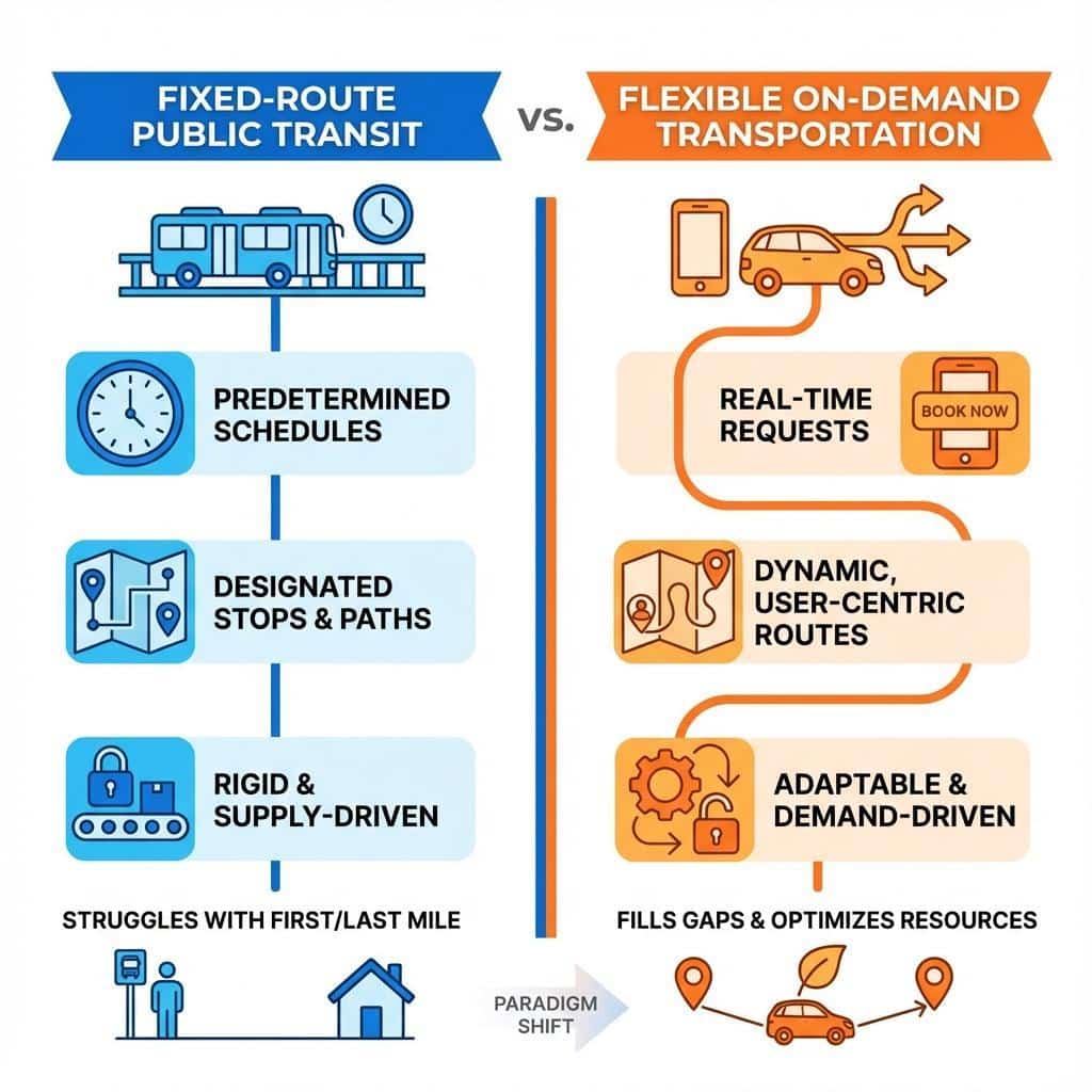 Infographic comparing fixed-route public transit and flexible on-demand transportation - On-Demand Transportation Services infographic 