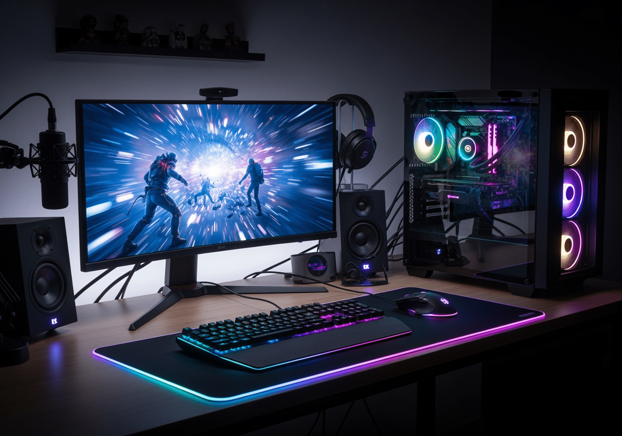 A modern gaming PC setup with glowing components - best vr headset for roblox