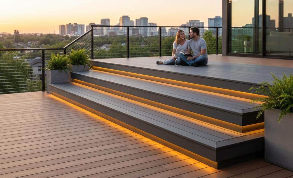 A person and person sitting on a deck with lightsAI-generated content may be incorrect.