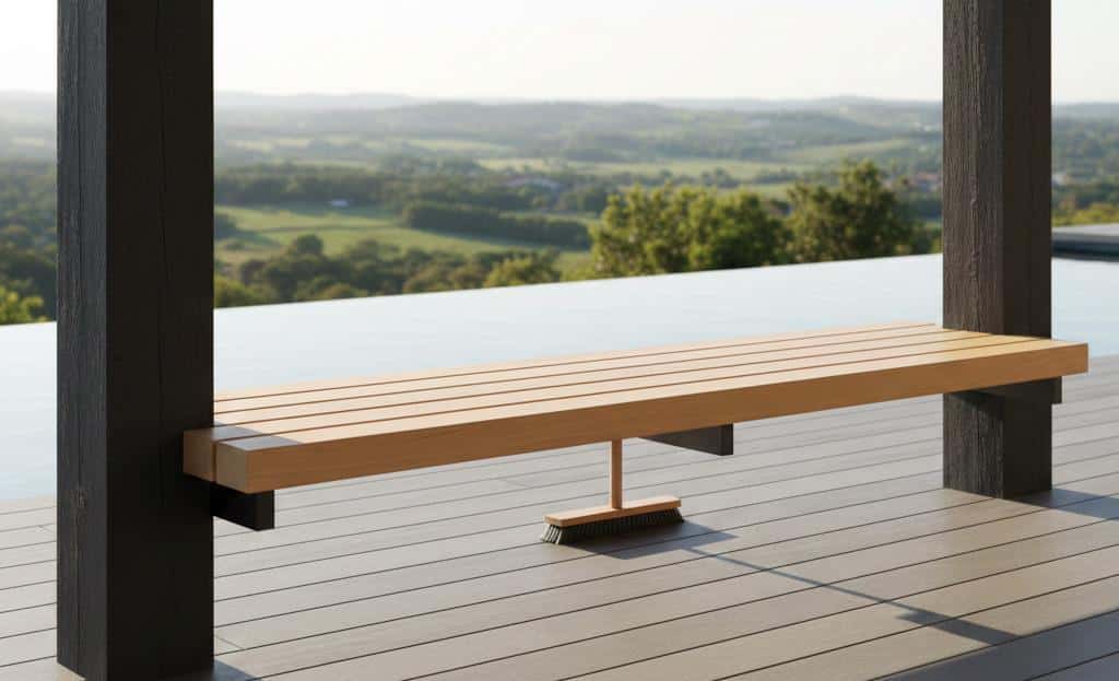 A long wooden bench on a deckAI-generated content may be incorrect.