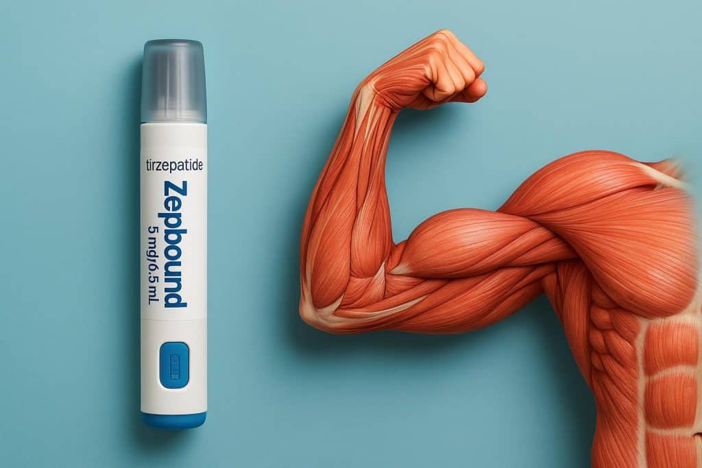 A Beginner’s Guide to Zepbound and Its Impact on Muscles Zepbound supplement bottle with graphic highlighting muscle growth and strength benefits