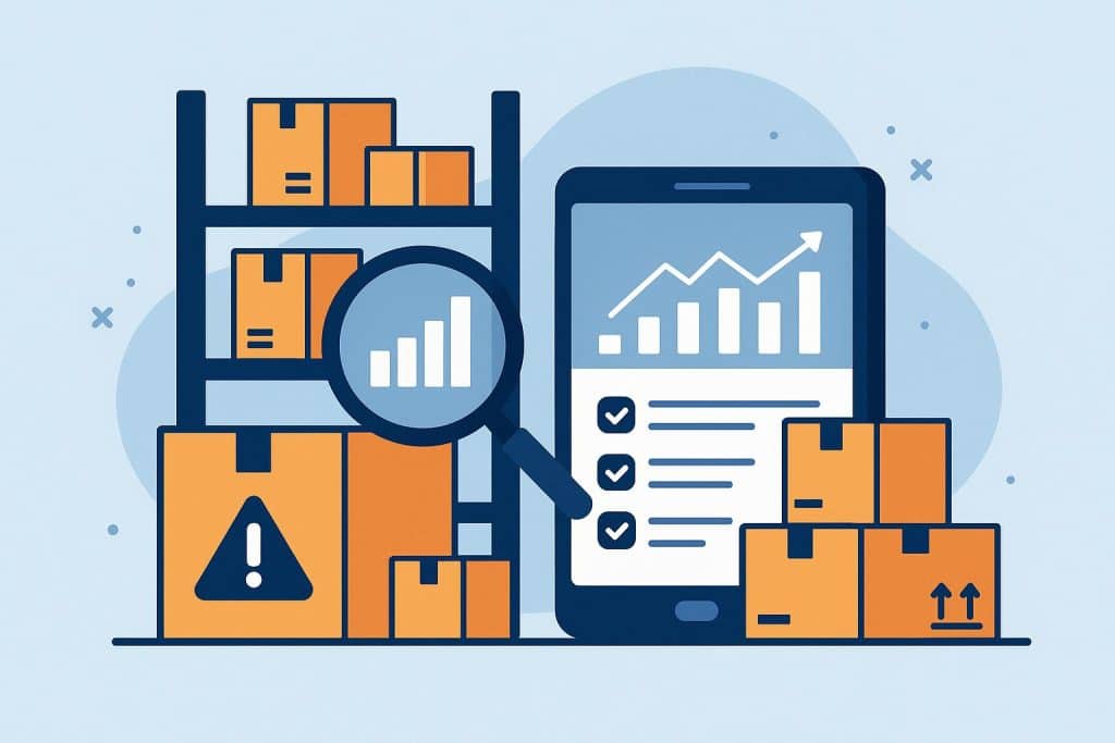 Warehouse shelves with barcode scanners and inventory software dashboard reducing stock losses