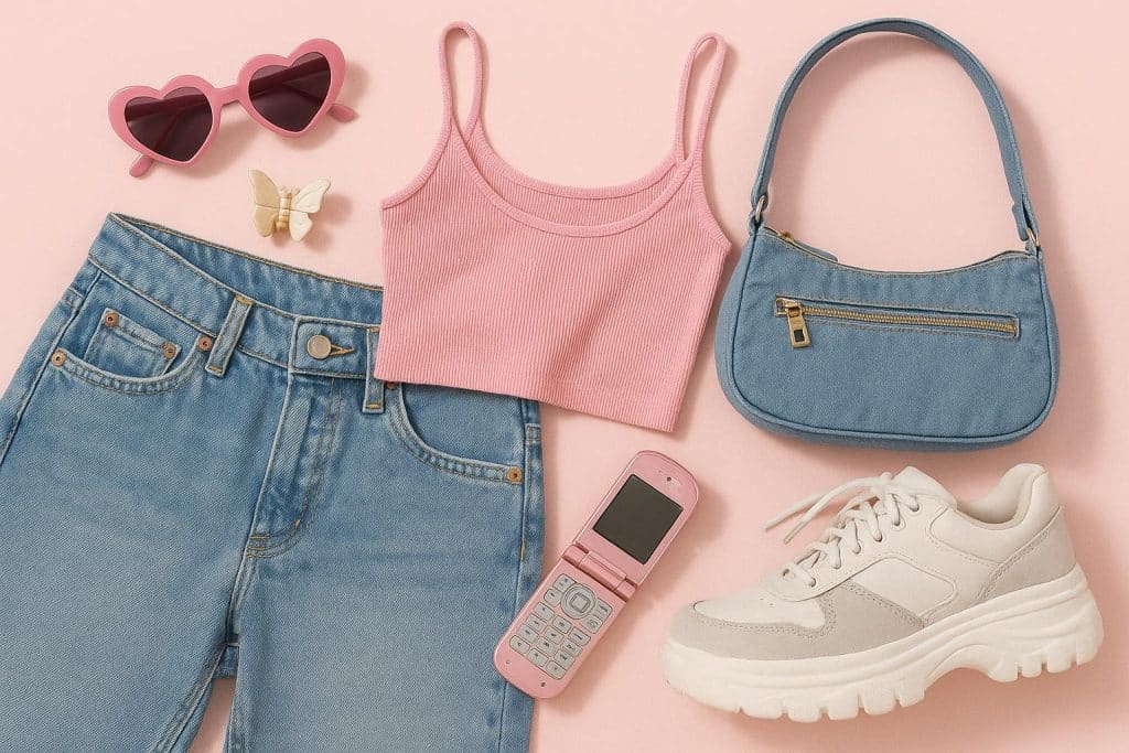 Trendy Y2K-inspired outfit with layered accessories, bold colors, and retro fashion elements