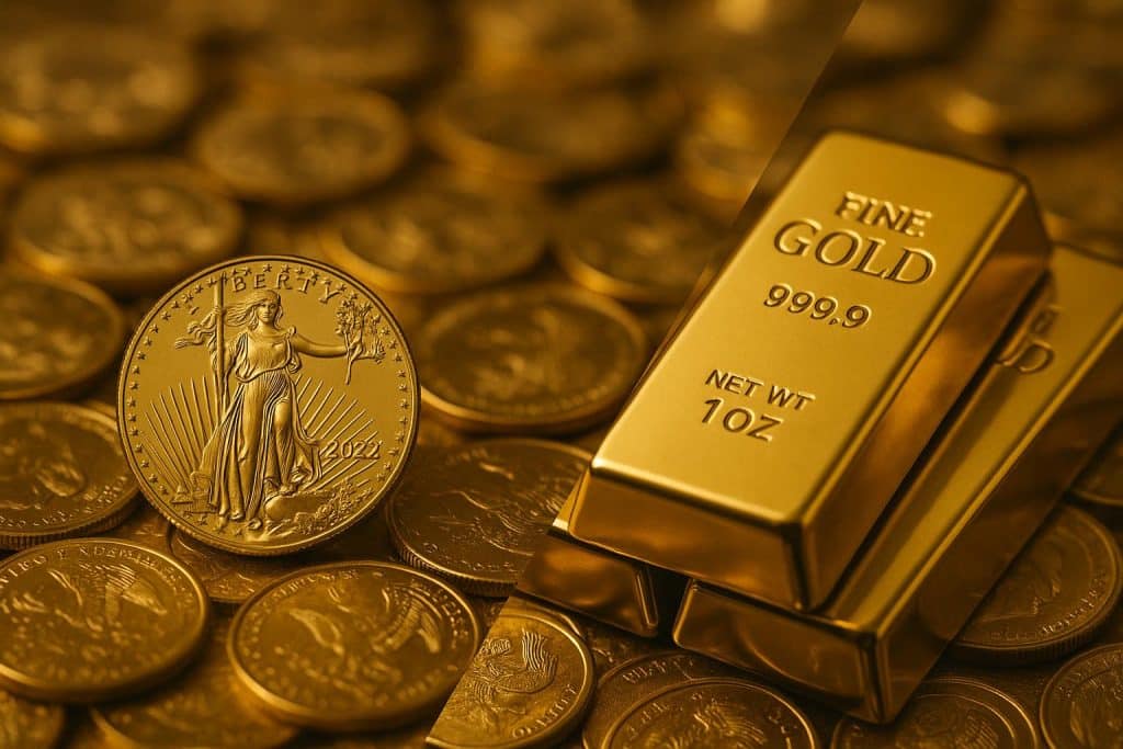 Gold coins and gold bars displayed side by side at Golden Eagle Coin for investment comparison