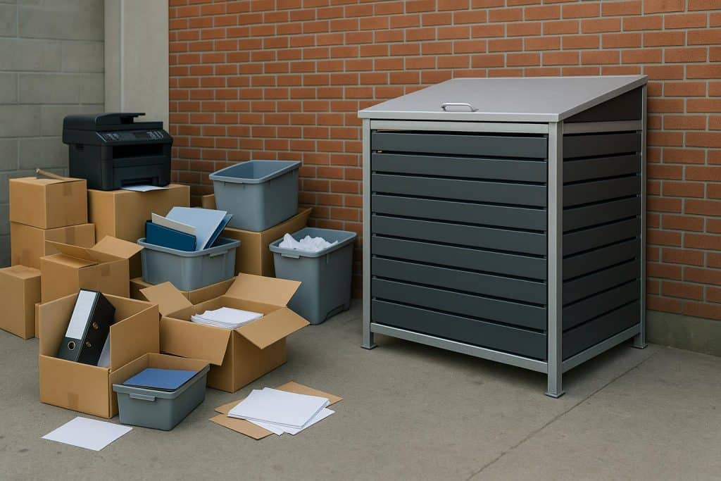 Commercial bin enclosures organized in a clean workplace improving efficiency and reducing clutter