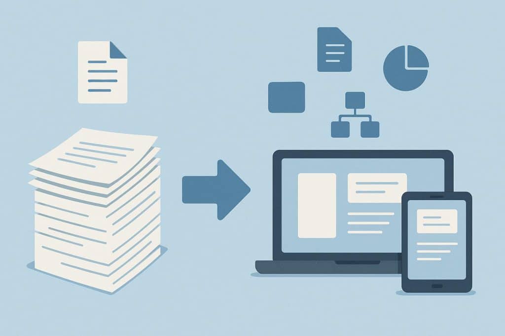 Stacks of digital documents and charts illustrating streamlined electronic information workflows