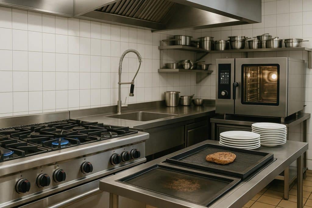 Modern professional kitchen with stainless steel appliances and advanced cooking equipment