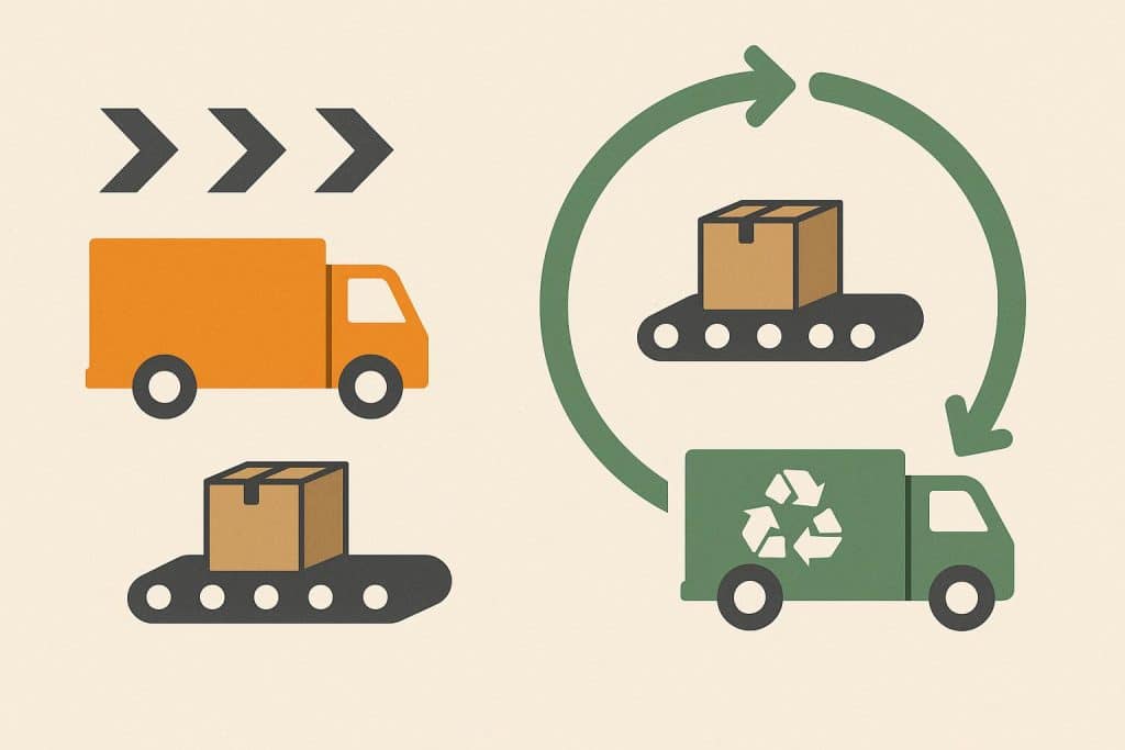 Logistics trucks transporting recycled goods in a circular supply chain system