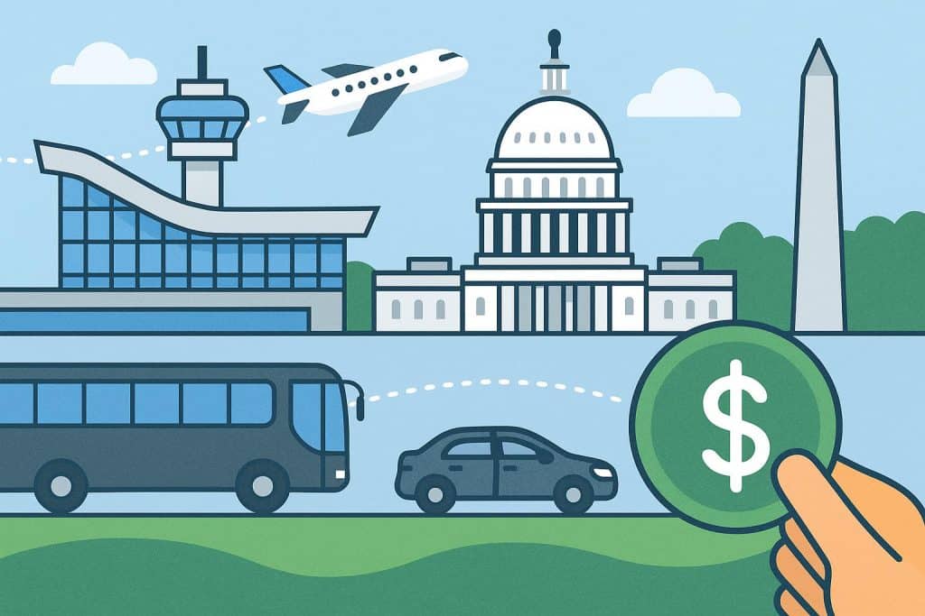 Aerial view of major Washington DC airports highlighting routes and transportation links