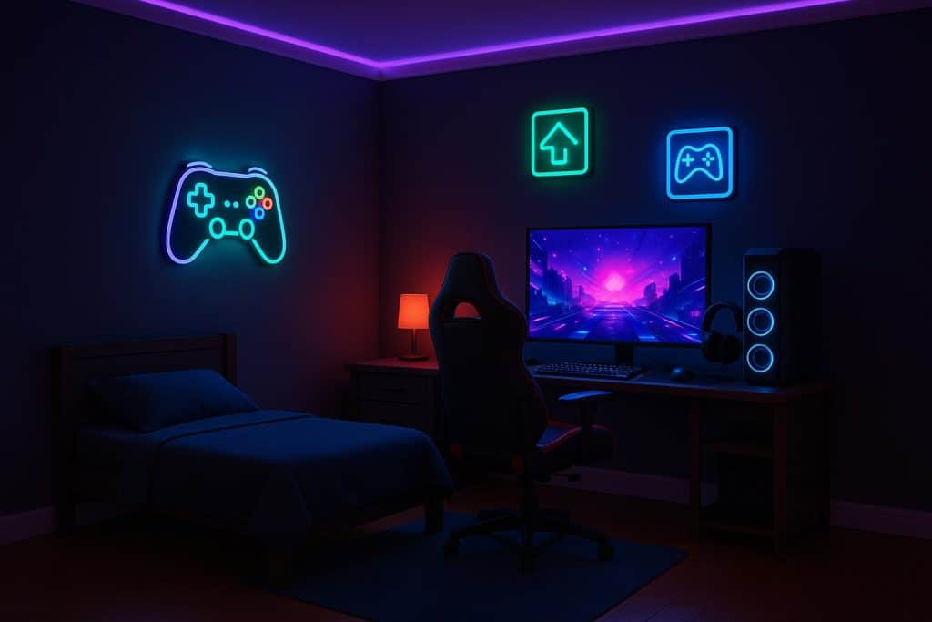 Creating the Perfect Bedroom Setup for Young Gamers Modern gaming bedroom setup with LED lights, gaming chair, and dual monitors for young gamers