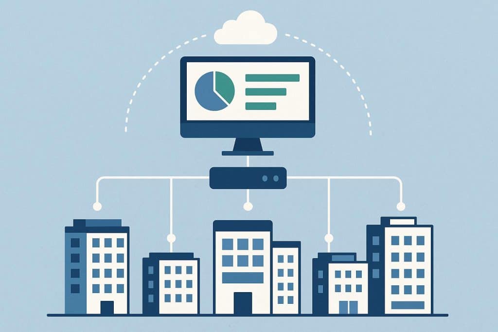 Network dashboard displaying connected devices and data flow across multiple business locations