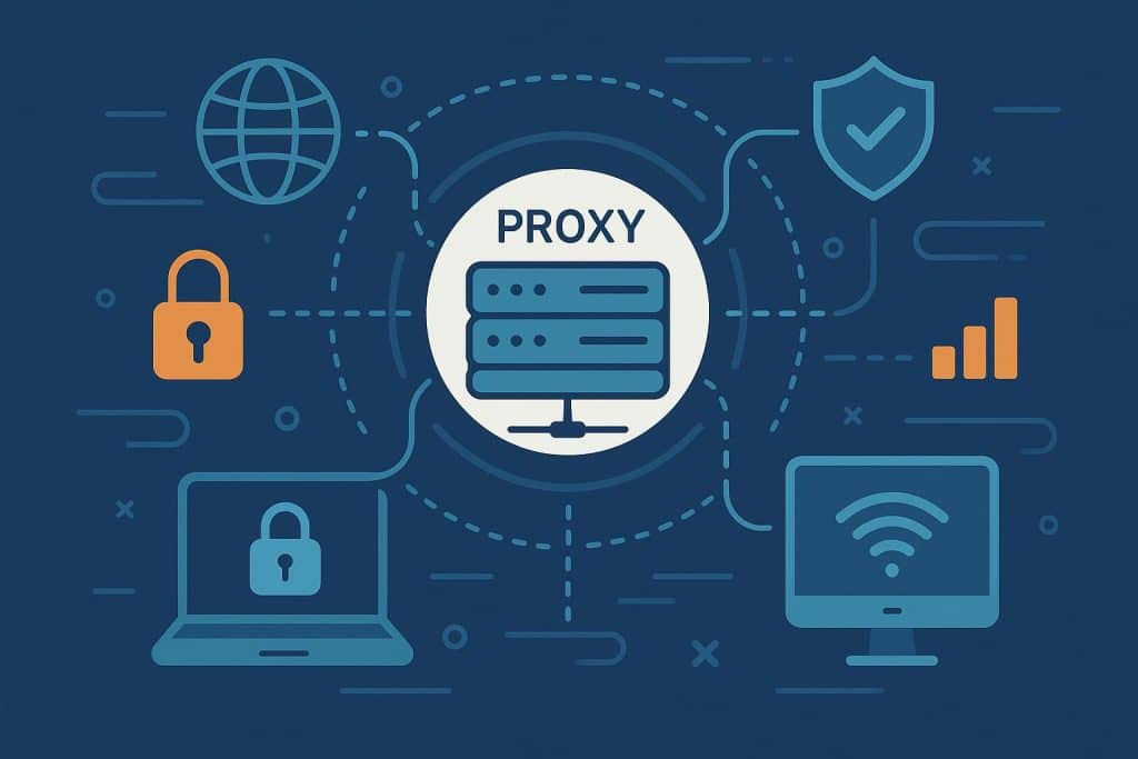 Proxies in the Digital Age: Enhancing Privacy, Security, and Network Efficiency Digital proxy servers boosting online privacy, cybersecurity, and network performance illustration
