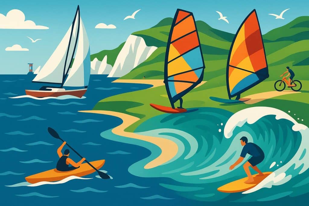 Sailboats on coastal waters with surfers catching waves, Isle of Wight outdoor sports adventures