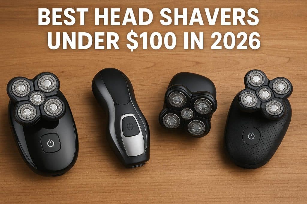Top-rated electric head shavers under $100 displayed on a modern bathroom counter