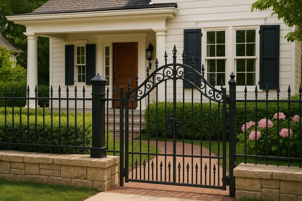 Custom iron fence showcasing detailed metalwork by Americana Iron Works & Fence around a home exterior
