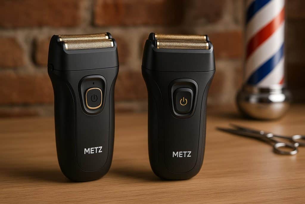 Metz electric razors on display highlighting top grooming tools for barbershop-quality shaves