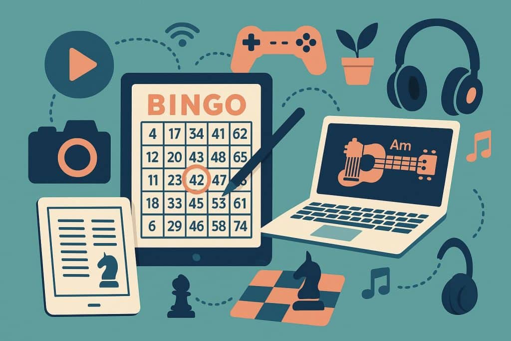 Senior using tablet for knitting patterns, embracing digital hobbies through technology at home