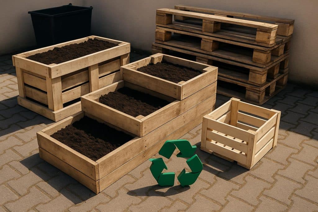 Stacked wooden pallets ready for creative recycling and sustainable DIY home projects