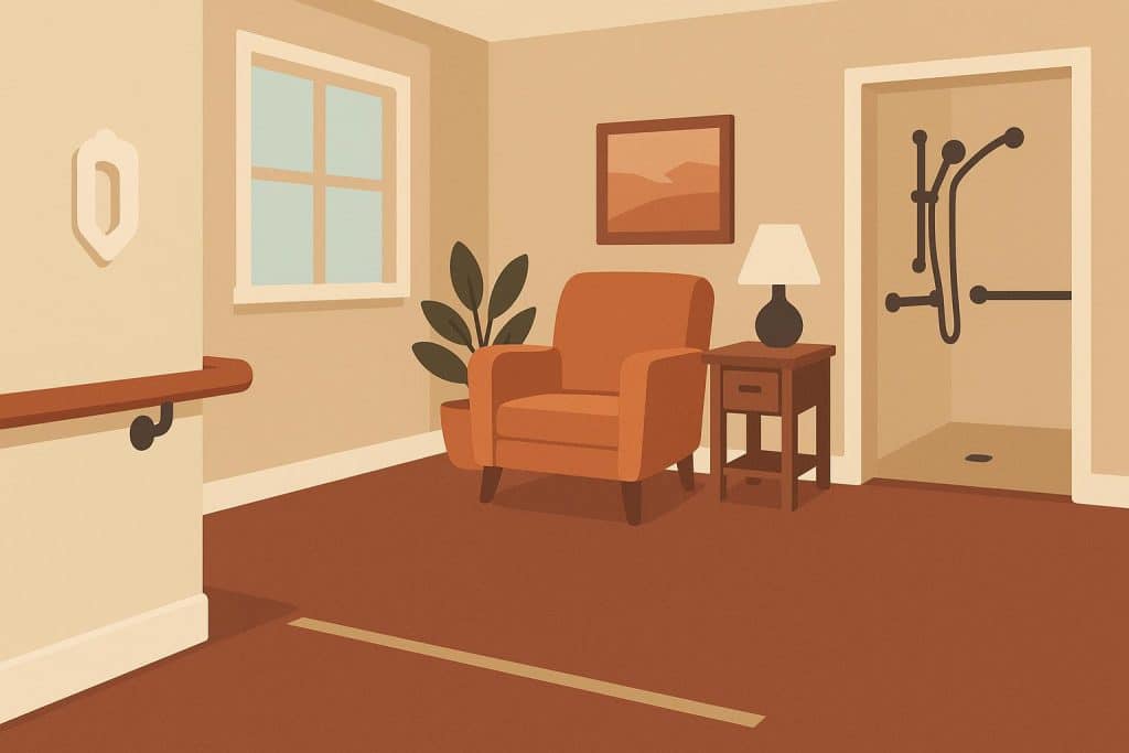 Modern senior-friendly home with grab bars, wide doorways, and non-slip flooring for safety