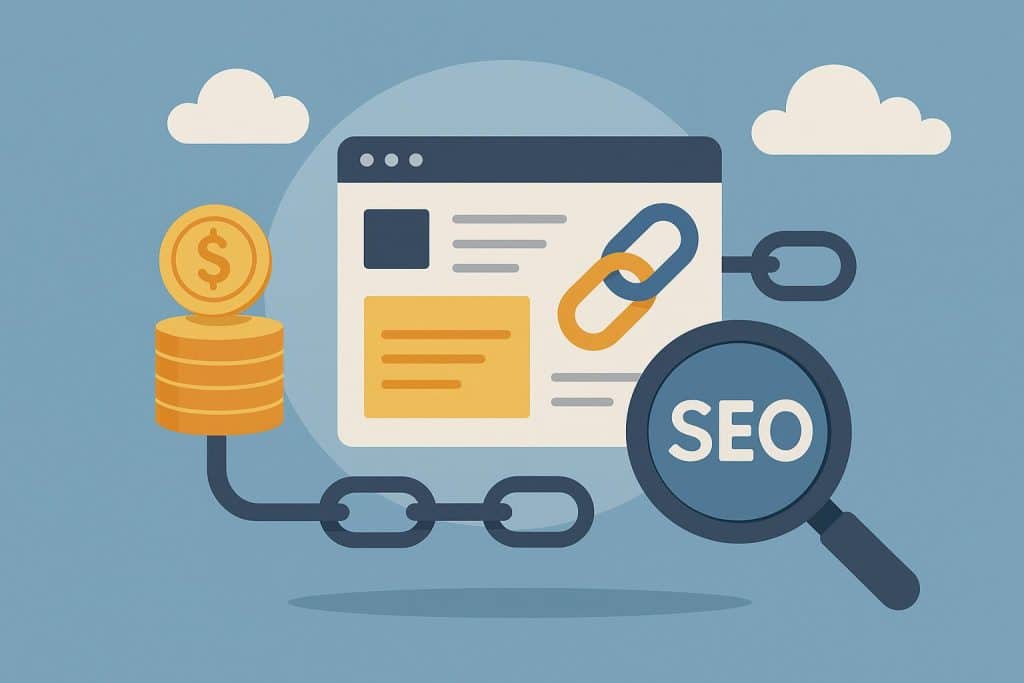 Editorial backlinks boosting website SEO with graphs and digital marketing icons