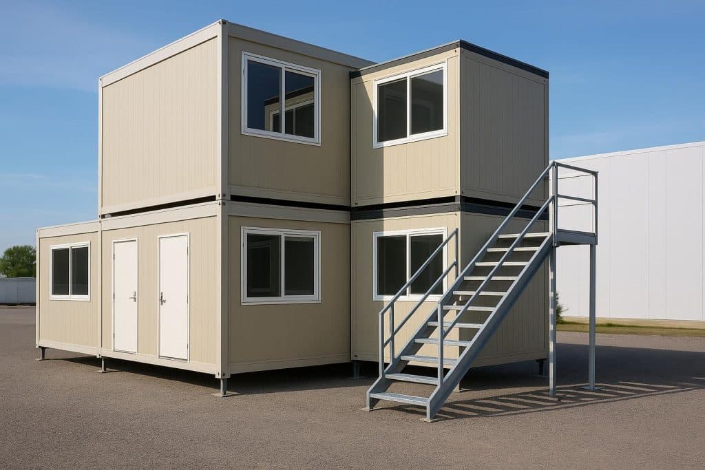 Modular buildings arranged on a construction site, illustrating cost-effective leasing options