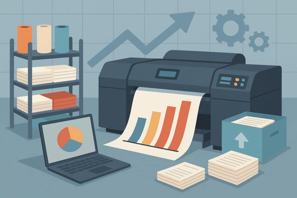 Digital printing equipment enabling efficient small business product packaging and marketing solutions