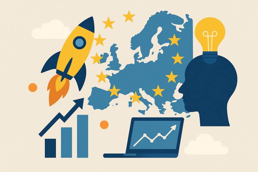 Modern European city skyline with startup office buildings and digital innovation icons