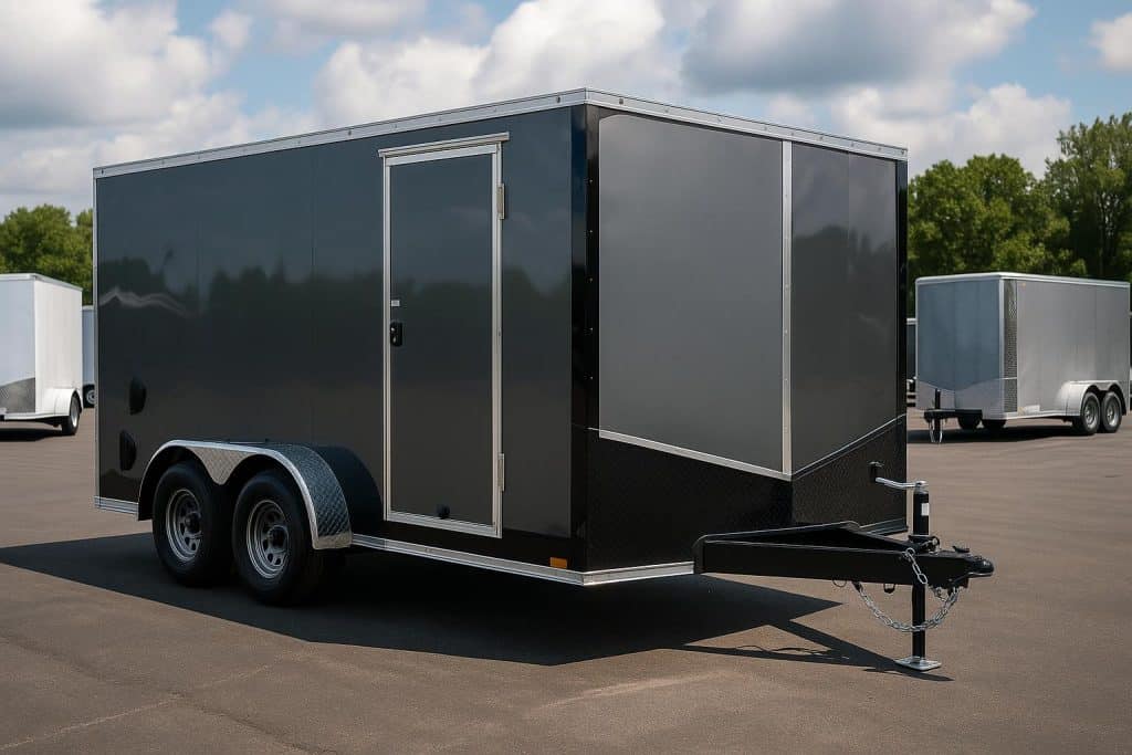 Top 10 Best Custom Enclosed Trailer Brands 2026 Row of top custom enclosed trailers from leading brands parked outdoors under blue sky