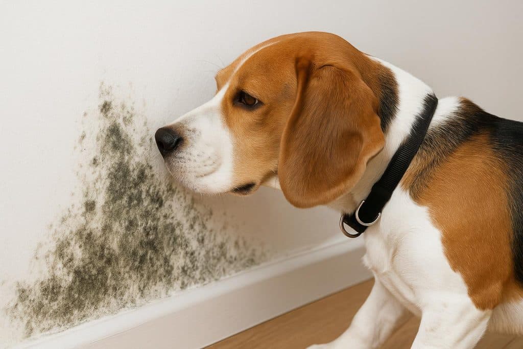 Mold detection dog sniffing along a wall during a professional indoor mold inspection
