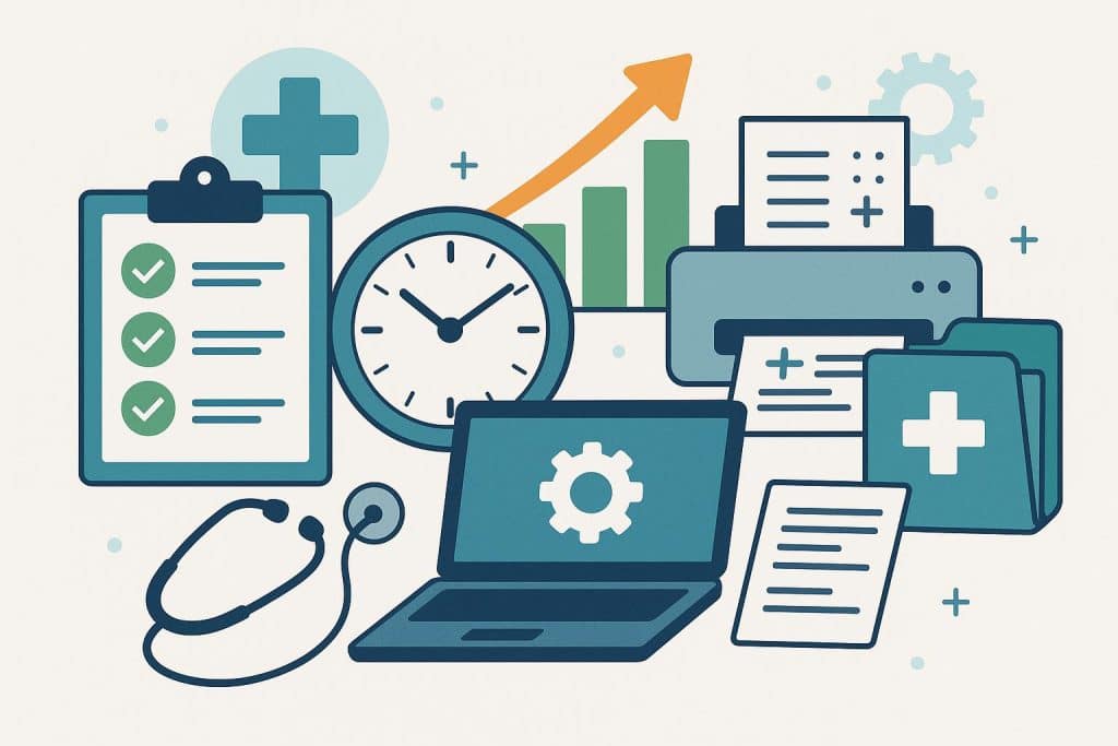 Modern healthcare office with digital tools streamlining workflow and improving daily operations